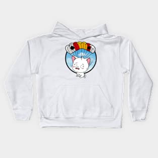 Silly white cat has a broken parachute Kids Hoodie